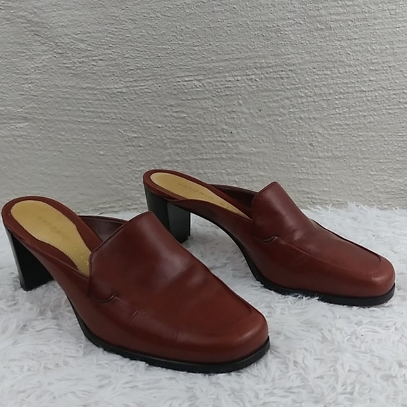 Antonio Melani Brown Leather Upper Square Toe Mid Blocked Heel Slip On Mule Shoe - Picture 3 of 12